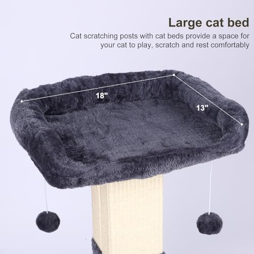 34" Cat Scratching Post for Indoor Cats, Sisal Cat Scratcher with Large Plush Perch, Vertical Posts with Elevated Bed and with Two Dangling Balls, Removable & Washable Cover, Dark Grey - color: Dark grey