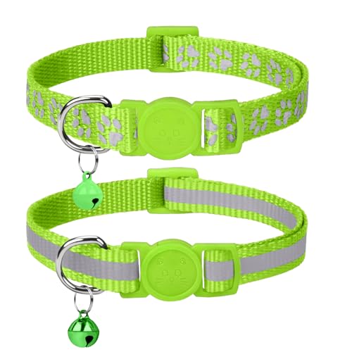 Taglory Reflective Cat Collar Breakaway with Bell, High Visibility Night Strip, Lightweight Adjustable Nylon Collar for Boy Girl Cats, 2 Pack, 7.5-12.5 Inch, Green - color: Green, size: 7.5-12.5"