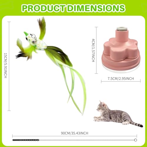 Walfront Christmas Cat Toys, Green Feather Bird Wand with Pink Flower Suction Base, Fishing Rod Design, Indoor Play for Adult Cats, Single Cat Homes, Fun Self Play and Relaxing Mood