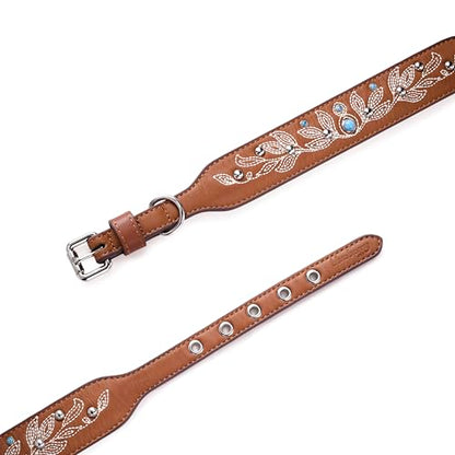 Blueberry Pet Western Dog Collar in Canyon Brown - 12-15 Inch Necks Floral-Embroidered Leather with Turquoise Studs, Adjustable - color: Canyon Brown, size: Small