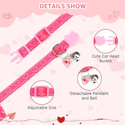 SCENEREAL Valentine's Day Cat Bandana Collars with Bell Bowtie - 2 Pack Breakaway Pink Kitten Collars, Adjustable Cute Love Heart Pet Accessories for Cats Small Dogs - color: Bandanas & Bow (Heart-Pink)
