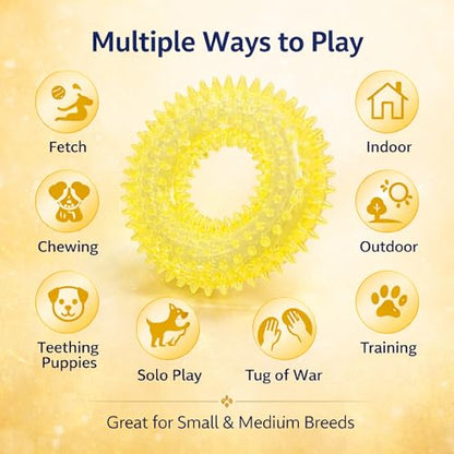 Squeaky Spiky Dog Ring Toy for Teeth Cleaning & Gum Massage 3.9 Inch Small Medium Dogs Yellow | Spiny TPR Rubber Chew Toy for Fetch Play Interactive Bouncy Dental Ring Durable BPA Free Nontoxic Floats - size: Yellow, Ring - 1 Pack
