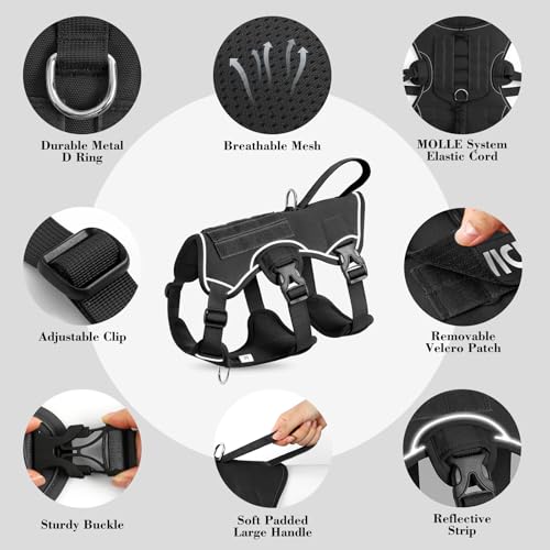 Escape Proof Dog Harness, Soft Padded Full Body Pet Harness, Reflective No Pull Dog Harness with Handle and 2 Leash Clips for Small Dogs Walking Hiking Training (Black,S)