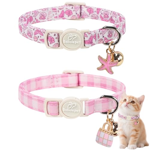 2 Pack Pink Cat Collars - Summer Breakaway Girl Cat Collars, Adjustable Kitten Safety Collar for Small Dogs Puppy, Cute Plaid & Mermaid Pet Collar with Bell & Pendant - color: Pink Plaid&Mermaid