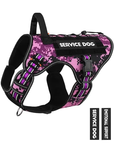 Tactical Dog Harness Reflective with ID Card,Service Dog Vest Harness for Medium Large Dogs,Emotional Support Vest with Padded Handle，2 Reflective Patches for Training Hunting（Purple Camo,XL） - color: Reflective Purple Camo, size: Reflective XL (80-105 lb