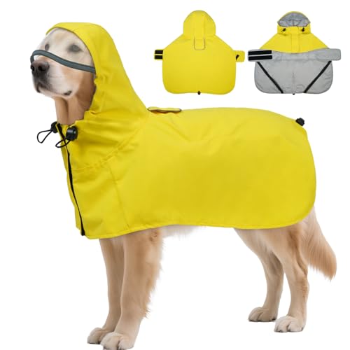 Dog Raincoat Waterproof with Hood & Leg Straps - Reflective Lightweight No-Sleeve Poncho for Large Medium Small Dogs - Easy On/Off with Harness Hole & Belly Coverage for Wet Weather - color: Yellow, size: Large