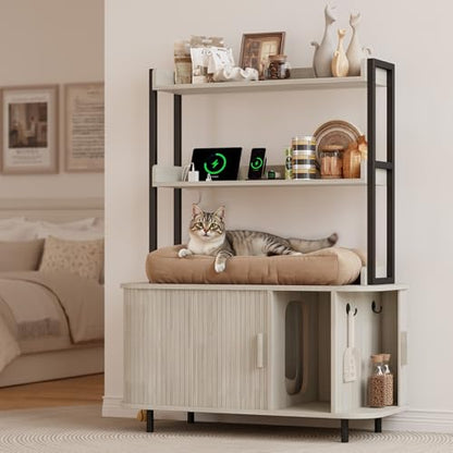 ONBRILL 54 Inch Hidden Litter Box Furniture with Shelves and Outlets,Fluted Cat Litter Box Enclosure, Mid-Century Modern Wooden Cat House with Sliding Tambour Door and Hooks, White - color: White