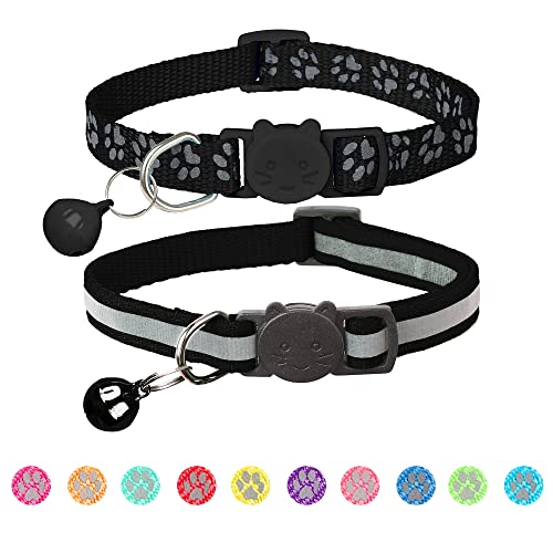 2 Pack Reflective Cat Collar Breakaway with Bell,Personalized Kitten Collars,Adjustable Safety Buckle Collar for Male Cats Girls & Boys (Black) - color: Black