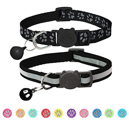 2 Pack Reflective Cat Collar Breakaway with Bell,Personalized Kitten Collars,Adjustable Safety Buckle Collar for Male Cats Girls & Boys (Black) - color: Black