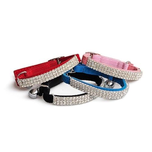 CHUKCHI Soft Velvet Safe Cat Adjustable Collar Bling Diamante with Bells,4 Pcs Black，Pink，red, Black - color: Black+Pink+Red+Blue