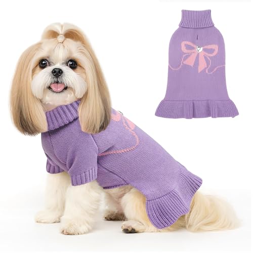 Bowknot Dog Sweater Dress for Small Dogs Girl, Stretchy Pet Sweaters Pullover Coats, Fall Winter Warm Dog Turtleneck Sweater (Purple, M) - color: Purple, size: Medium (9-15lbs)