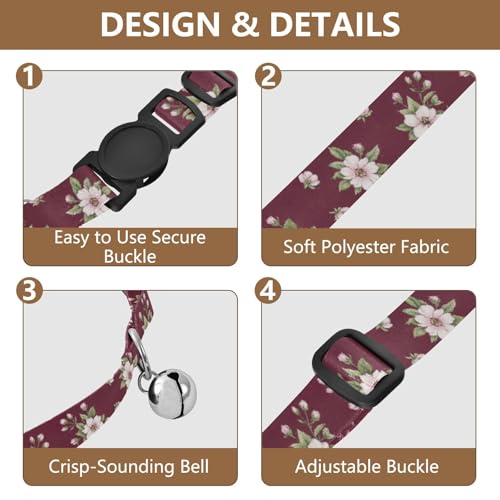 Burgundy Floral Blossom Cat Collars 2 Pack Soft Cat Collar Adjustable 10.6 to 17.1 Inches - color: Burgundy Floral Blossom