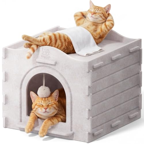 Cat Bed Cave for Indoor Cats: New Felt Cat Bed with Fluffy Ball Hanging, Foldable Cat House with Scratch-Resistant Board, Hideaway Cat Cave for Timid Cats, Sturdy Two-Tier Cat Condo - Gray - color: Cat Bed Cave - Indoor