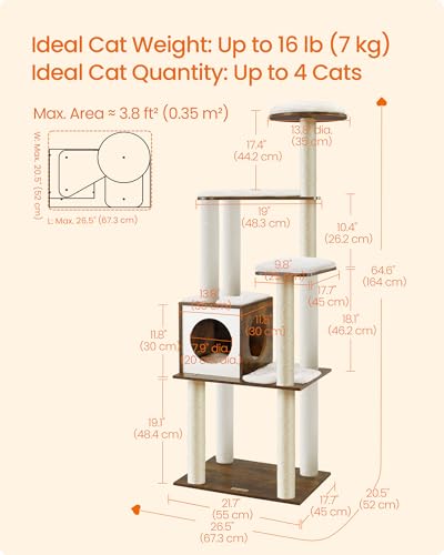 Feandrea Cat Tree, 64.6-Inch Modern Cat Tower, Multi-Level Condo with 5 Scratching Posts, Perch, Washable Removable Cushions, Cave, Rustic Brown UPCT166X01 - color: Rustic Brown