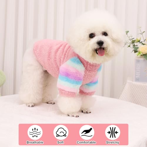 Dog Sweater for Small Winter Warm Fleece Turtleneck Sweatshirt Clothes Boy Girls Pet Pullover with Rainbow Sleeves Cat Apparel Stretchy Outfit(Pink, X-Small) - color: Pink, size: X-Small