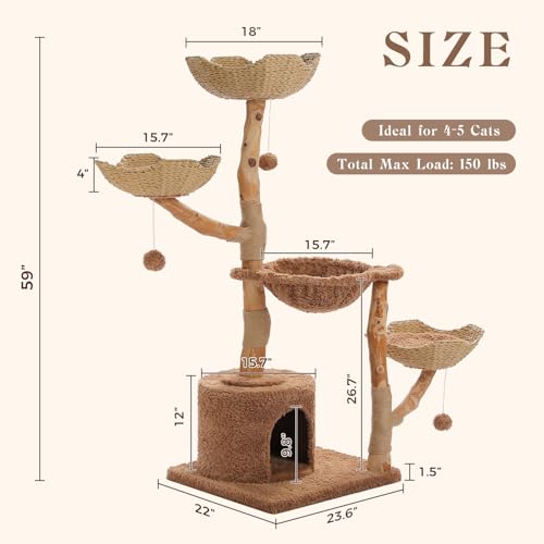 MUTTROS 59" Cat Tree Tower with Real Solid Wood Natural Branch, Modern Cat Tree for Large Cats w/3 Handwoven Wicker Baskets- Luxury Boho Cat Furniture w/Condo & Soft Hammock, Scratching Post, Brown - color: Brown, size: 59" Solid Wood Cat Tree