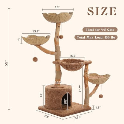 MUTTROS 59" Cat Tree Tower with Real Solid Wood Natural Branch, Modern Cat Tree for Large Cats w/3 Handwoven Wicker Baskets- Luxury Boho Cat Furniture w/Condo & Soft Hammock, Scratching Post, Brown - color: Brown, size: 59" Solid Wood Cat Tree