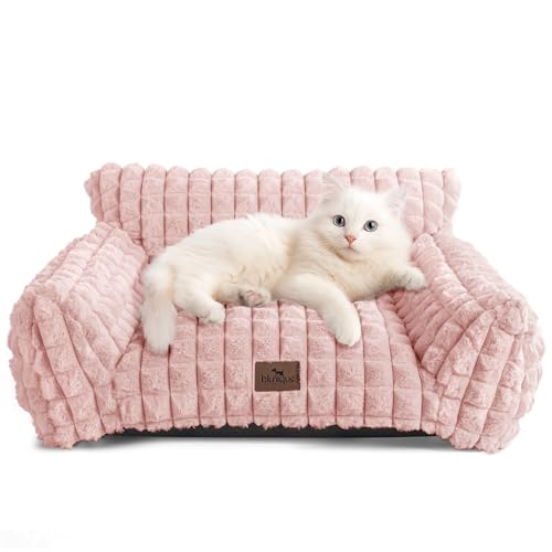 Cat Bed for Indoor Cats - Cute Pink Cat Couch Beds, Fluffy Pet Couch with Faux Rabbit Fur Washable Cover, Fuzzy Pet Sofa in 3D Diamond Pattern, 24inch - color: Pink, size: Small: 24"L x 18"W x 10"Th