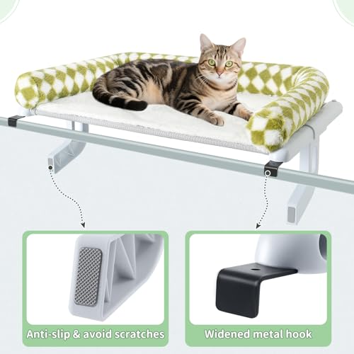 Cat Window Perch Hammock Sturdy Windowsill Bed Seat for Large Cats No Drilling No Suction Adjustable Kitty Shelf with Washable Cover Easy Assembly Holds up to 40 lbs 24.8 * 15 in (Green, L) - color: Green, size: 24.8x15in