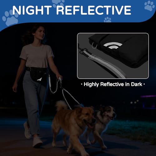 Skmeditec Hands Free Double Dog Leash with Waist Bag for Walking Two Dogs, Shock Absorbing Bungee Leash with Zipper Pouch for Running, Dual Padded Handles & Adjustable Waist Belt - size: 2 Dogs