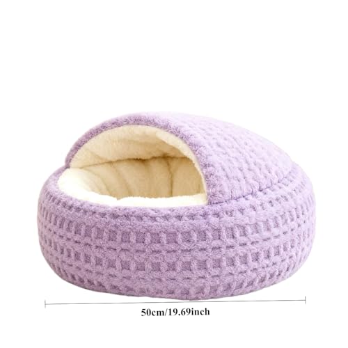 Hooded Plush Cat Bed - Semi-Enclosed Shell Pet Nest, Cozy Warming Anti-Slip Bed for Puppies & Kittens(Purple,M) - color: Purple, size: M