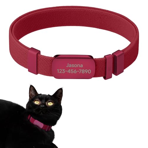 Anti-Choke Elastic Cat Collar and Personalized Name Tag Set, U.S IDA Gold Award Non Breakaway Cat Collar Engraved ID Tag Personalized Cat Collar for Kitten Small Large Cats (Burgundy, M) - color: Burgundy, size: M