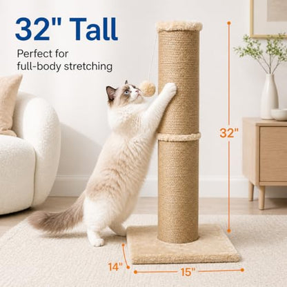 Sisal Cat Scratching Post for Indoor Cats & Kittens, 5.5" Diameter Heavy Duty Vertical Scratcher, 32 Inch Extra Tall Furniture Protector with Stable Base, Yellow - color: Cylinder Yellow