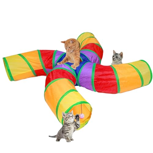 EGETOTA Cat Tunnel for Indoor Cats Large, with Play Ball S-Shape 4 Way Collapsible Interactive Peek Hole Pet Tube Toys, Puppy, Kitty, Kitten, Rabbit (S4 - Multicolor) - color: S4 - Multicolor