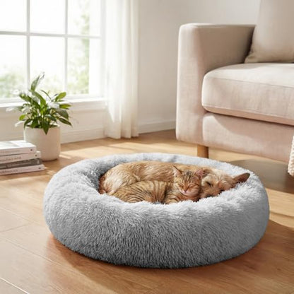 PetAmi Calming Dog Bed for Small & Medium Dogs and Cats, 30 Round Donut Dog Bed, Washable Fluffy Faux Fur Puppy & Cat Bed, Anti-Anxiety Plush Cuddler Pet Bed with Anti-Slip Bottom - Light Gray - color: Light Gray, size: Medium - 30"