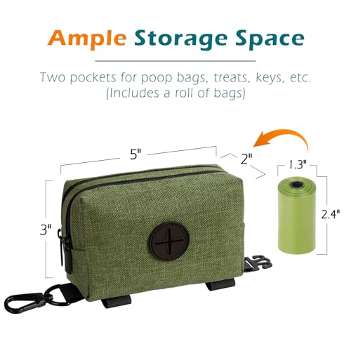 Dog Poop Bag Holder, Portable Pet Waste Bag Dispenser, 2 Pouches for Treats and Walking Accessories, Fit All Leashes, Includes 1 Roll of Dog Poop Bags (Army Green) - color: Army Green