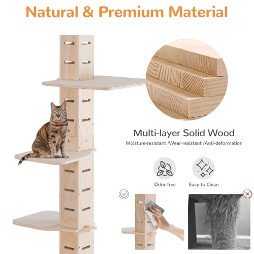 COZIWOW Floor to Ceiling Cat Tree for Large Cats, Cat Tower with Non-Slip Platforms 7 Tier Tall Climbing Pole with Adjustable Height (98-114 Inches) Modern Climbing Tower, Wood, Indoor