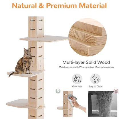 COZIWOW Floor to Ceiling Cat Tree for Large Cats, Cat Tower with Non-Slip Platforms 7 Tier Tall Climbing Pole with Adjustable Height (98-114 Inches) Modern Climbing Tower, Wood, Indoor
