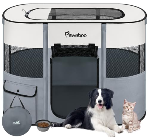 Dog Playpen, Portable Pet Cat PlayPen, 600D Oxford Dog Kennel Tent Crate, Waterproof&Breathable, Indoor Outdoor Travel Camping for Medium/Large Breed with Carrying Case+Bowl(M), Gray - color: Gray, size: Medium(32"x24"x22")