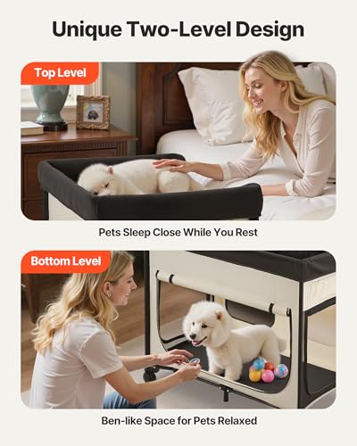 VEVOR Bedside Lounge Pet Bed, Foldable Bunk Dog Bed with 600D Oxford Cloth and Dutch Velvet, Portable Raised Cot with Wheels, Side Storage Bags, and Carry Bag for Cats & Dogs, L, Beige - size: L