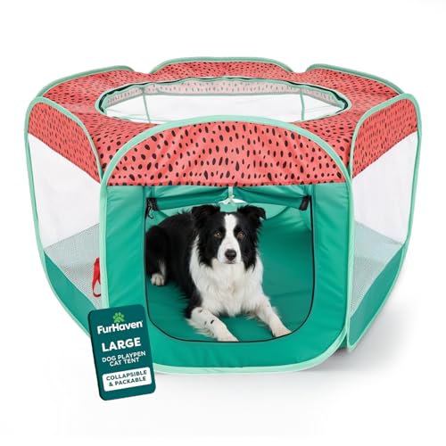 FurHaven Portable Pet Playpen for Dogs & Cats, Foldable Kitten Playpen with Mesh Sides, Pop Up Travel Dog Pen, Large, Green & Pink - color: Green & Pink, size: Large
