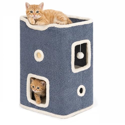 Cat House, Cat Beds for Indoor Cats, 2-Story Cat Condo Cube with Scratch Pad and Fluffy Ball Hanging, Multi-Level Cozy Hideout Center Ideal for Small/Medium Cats - color: Blue, size: 2-Story