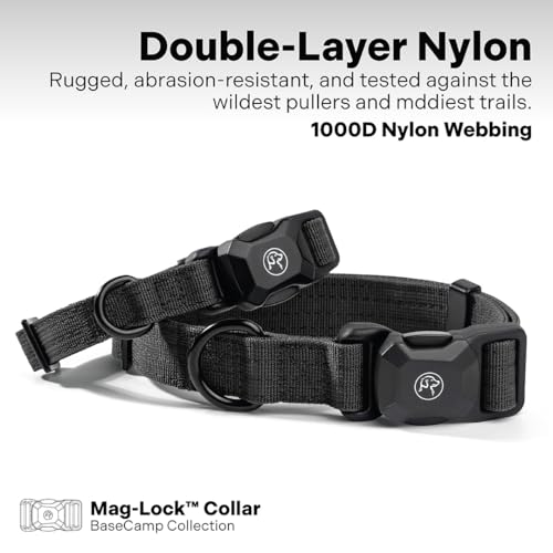 Heavy Duty Dog Collar with Quick-Release Magnetic Buckle, Adjustable Double Layer Nylon Dog Collar for Medium Dogs, (Black, M: 14" to 18") - color: Black, size: M: 14" to 18"