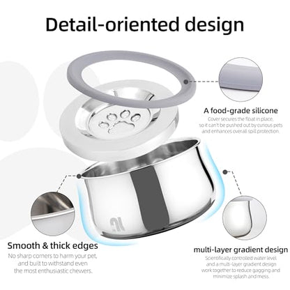 3L/0.8 Gallon No Spill Water Bowl for Dogs, Double-Wall Stainless Steel Slow Water Dog Bowls, Splash-Proof Vacuum Float, Dishwasher Safe for Large Medium Dogs (3L/101 floz)