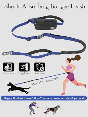 Hands Free Dog Leash with Zipper Pouch & Waist Belt – Reflective Durable Bungee Leash with Dual Padded Handles for Walking, Jogging & Running, Fits Small to Large Dogs (Blue) - color: Blue