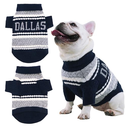 Dallas Small Dog Sweater Football Theme Turtleneck Knit Dog Sweaters for Small Pets Warm Winter Cat Dog Clothes - color: blue&grey, size: Large