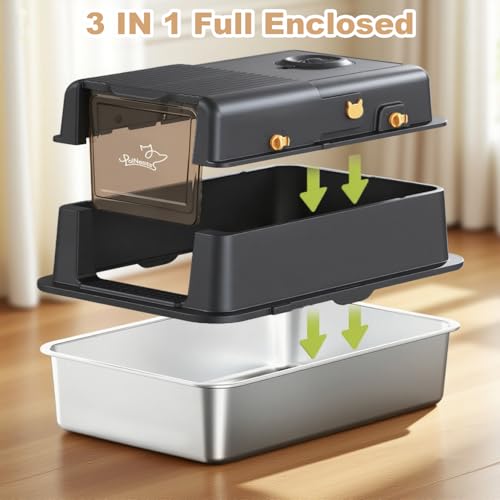 L8 Max-XXXL Stainless Steel Litter Box with Lid, 28" L x 20.5" W x 17.4" H Large Cat Litter Box for Big Cats, Cat Litter Deodorizer Included, High Sided Enclosure with Scoop & Mat, Anti-Leakage-Black - color: Black
