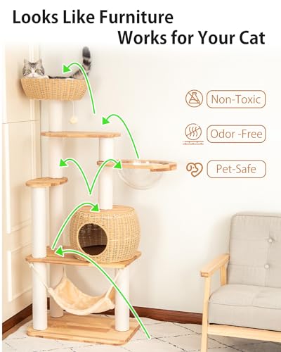 Wood Cat Tree for Large Cat, 57-Inch Tall Cat Tower with Scratching Post for Indoor Cats, Multi-Level Cat Condo with Hand-Woven Cat Bed and Hammock Acrylic Bowl Easy to Clean (DC888) - color: Nature DC888