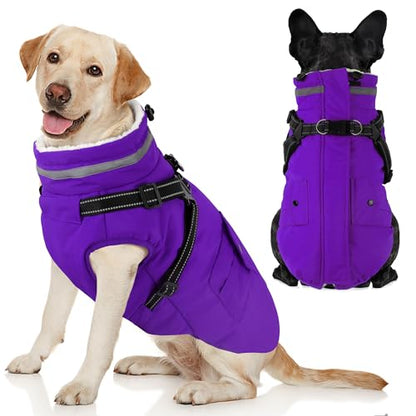 Dog Coat with Harness, Waterproof Warm Dog Winter Jacket with Pockets, Reflective Pet Fleece Jacket Turtleneck Snowsuit for Small Medium Large Dogs - Purple, XS - color: Purple, size: X-Small(Chest:13.3" Back:9.8" Neck:10.2")