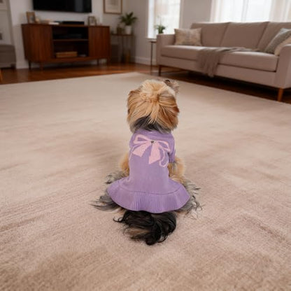 Bowknot Dog Sweater Dress for Small Dogs Girl, Stretchy Pet Sweaters Pullover Coats, Fall Winter Warm Dog Turtleneck Sweater (Purple, L) - color: Purple, size: Large (15-22lbs)