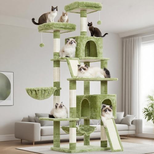 Gitelsnour Cat Tree for Indoor Cats, 71'' (180cm) Multi-Level Cat Tower for Large Adult, Sturdy Cat Tree House with 2 Scratching Boards 7 Posts, 2 Plush Perches/Condos, Hammock, Green GCT032GR - color: Green, size: 70.8in（180cm)