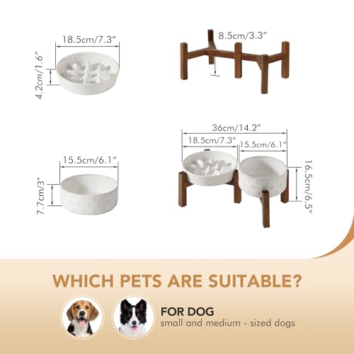 Havniva 1.2 Cup Elevated Slow Feeder Dog Bowls, 7.3” Dog Slow Feeding Bowls + 6.1” Ceramic Dog Water Bowls Set with Acacia Wood Stand, Dog Food Bowls Puzzle Feeder for Small Dogs Non-Slip Anti-choking - color: 2 x White + Stand - C, size: M- 7.3inch / 1.2