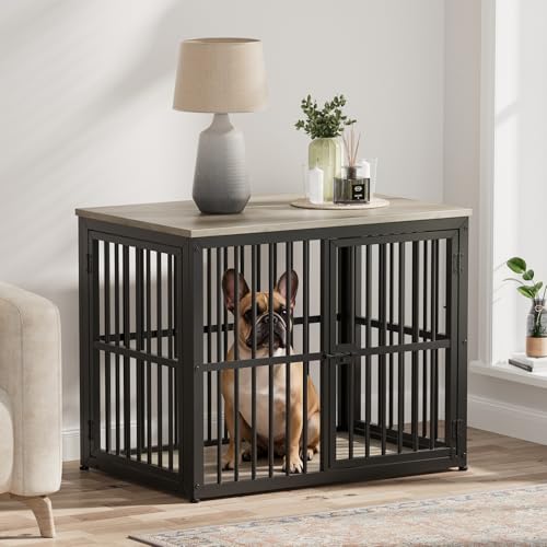 Lyromix 33'' Dog Crate Furniture with 3 Doors,Wooden Crate End Table Heavy Duty Indoor Puppy Cage for Small to Medium Dogs, Multiple Units Can be Combined, Grey - color: Ancient gray, size: M(33.07''×22.05''×25.98'')