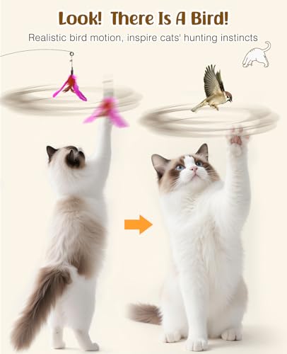 Pawaboo Feather Teaser Cat Toy, Interactive Feather Wand Cats Toy Flying Feathers Cat Catcher with Extra Long 34.5" Wand and Small Bell, Exerciser Playing Toys for Kitten or Cats, Rose + Red Brown - color: Rose + Red Brown