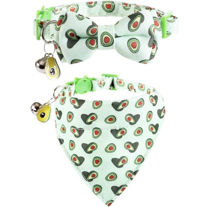 Lamphyface Cat Collar Breakaway with Cute Bow Tie Bandana and Bell Fruits Accessories for Kitty Adjustable Safety - color: avocado
