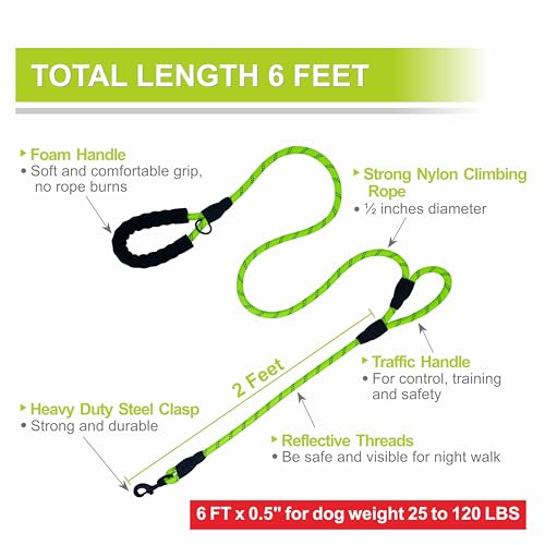 Dog Leash Heavy Duty 6ft, Double Handle Dog Leash with Padded Handle for Traffic Control, Reflective Rope Leashes for Large and Medium Dogs Control Safety Training at Night (Green) - color: Green (25 to 120 lbs)